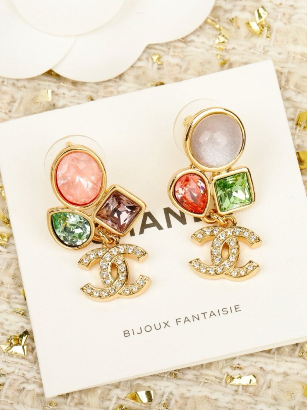 Chanel Gold-Tone Multicolor Crystal CC Drop Earrings